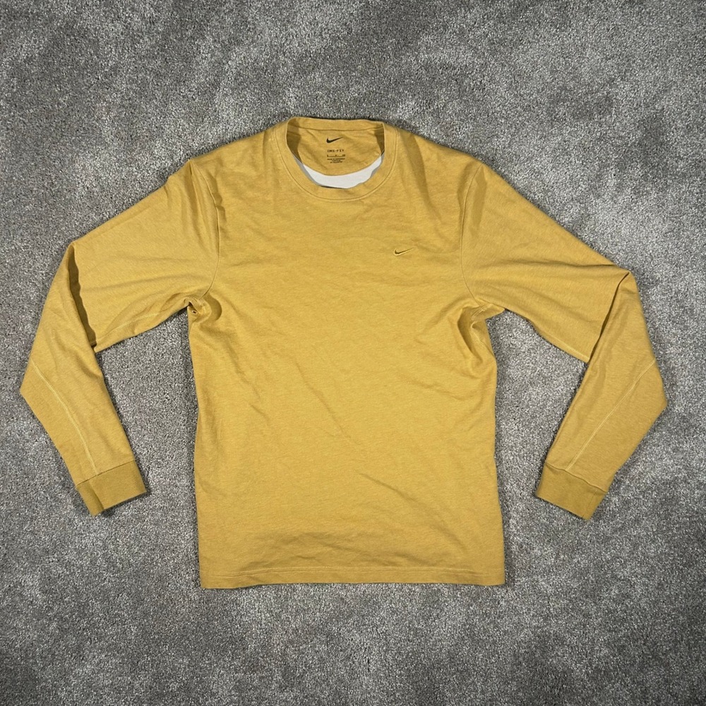 Nike Dri-FIT Mens Small Long Sleeve Training Shirt Mustard Yellow Swoosh Logo - Picture 1 of 8